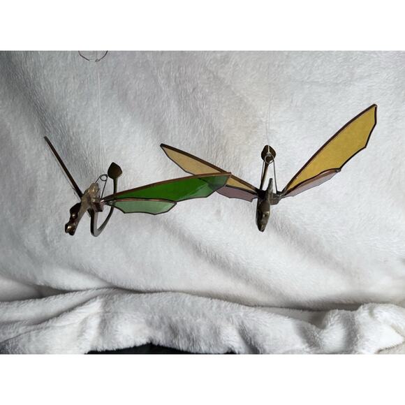 Pair Solid Brass Dragon Fire Stained Colored Glass Red Green Sun catchers 8" - Picture 4 of 16